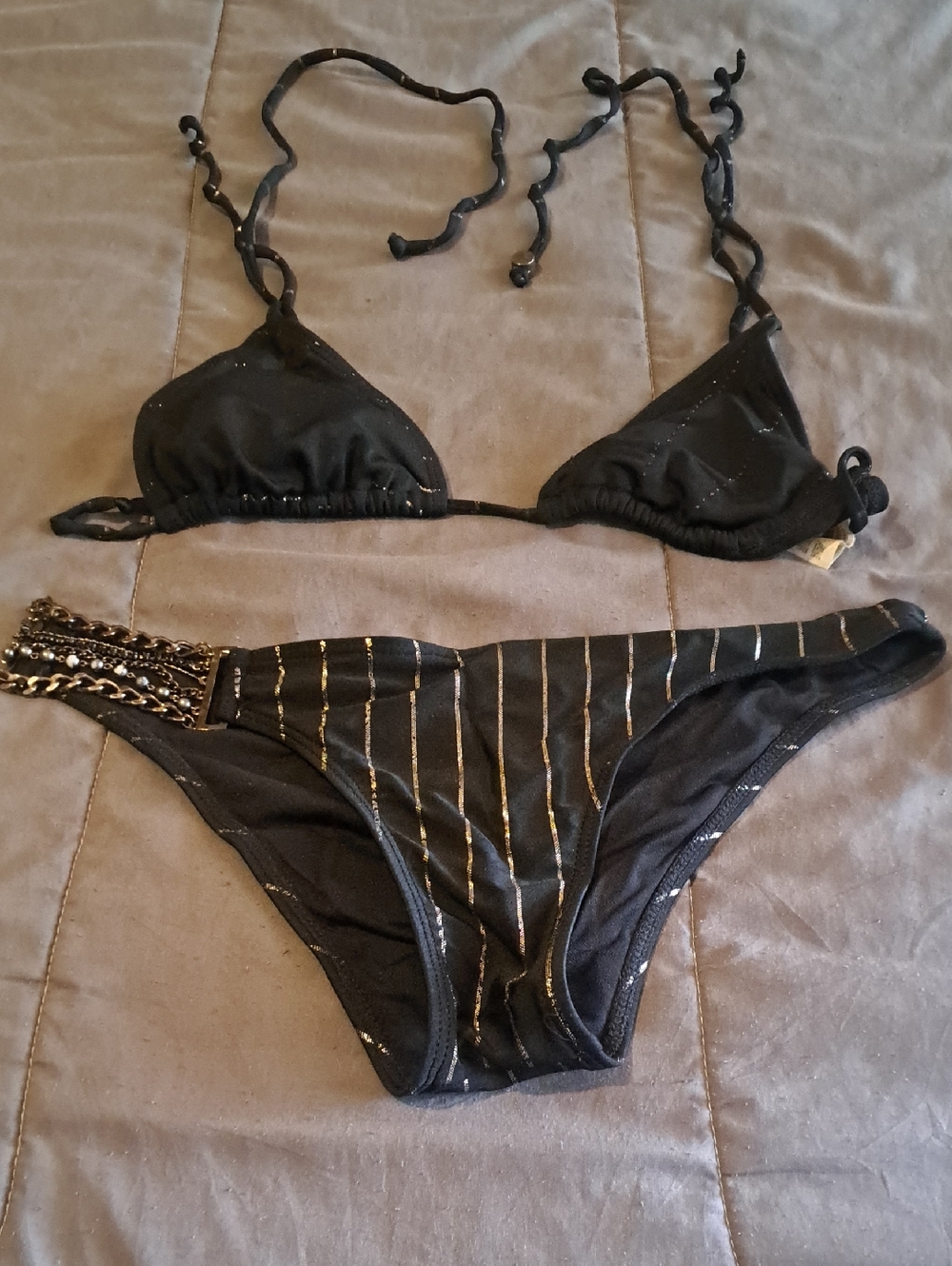 HOT TUNA Black Metallic-Strip Bikini Set Women SEXY BLING